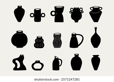 Hand Drawn Set Greek Organic Ceramic Vases Black Silhouette. Pottery Shape Silhouette Collection Decor Elements. Vector Illustration