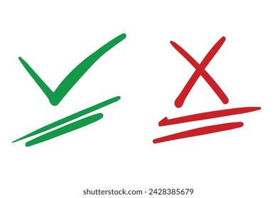 Hand drawn set of hand drawn green check mark and red cross mark isolated  vector illustration.