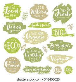 Hand drawn set of Green, eco, organic, vegan, natural, farm, fresh, food, healthy, 100%, bio, labels. Vector restaurant or product package design. 