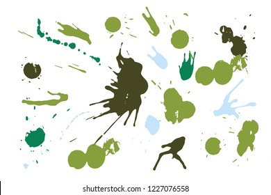 Hand drawn set of green ink spots isolated on white background. Paint splat set ink. Splat drop vector. Blood splash. Paint blob.