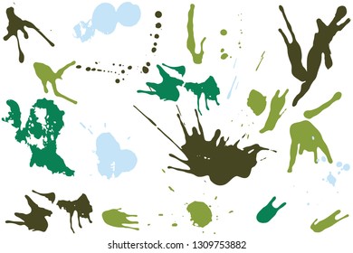 Hand drawn set of green ink spots isolated on white background. Paint splat set ink. Splat drop vector. Blood splash. Paint blob.
