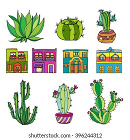Hand drawn set with green Mexican cactus and mexican houses. Different cactus with flowers. Latin American cactus. Vector illustration. Round cactus, big cactus. Succulent Garden, latin american city