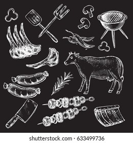 hand drawn set grill, meat on the black background