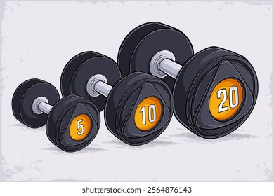 Hand drawn set of gym workout dumbbells, weight fixed sport equipment, rounded shaped dumbbells