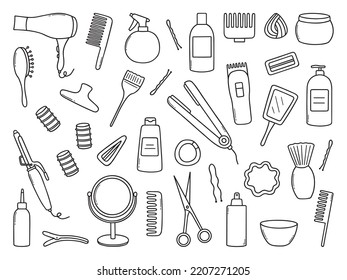 Hand drawn set of Hair salon doodle. Hairdressing tools: comb, hair dryer, shampoo, scissors in sketch style. Vector illustration isolated on white background.