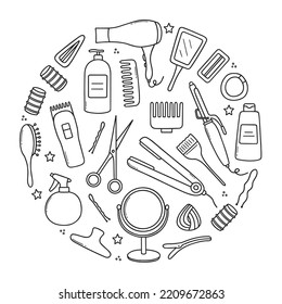 Hand drawn set of Hair salon doodle. Hairdressing tools: comb, hair dryer, shampoo, scissors in sketch style. Vector illustration isolated on white background.