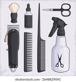 Conjunto desenhado à mão de ferramentas de cabeleireiro, pente de cauda, tesoura de sobrancelha, clipper, garrafa de soro, garrafa de spray e muito mais
