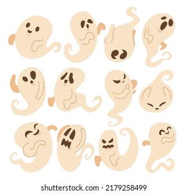 Hand drawn set of Halloween Cute Scary Spooky Ghost Objects Character Elements,  Vector illustration collections bundle set with Aesthetic Character