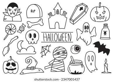 Hand drawn set of Halloween Days doodle illustrations. Drawing Halloween icons elements