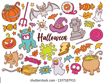 Hand drawn set of Halloween doodles in Colors vector
