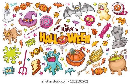 Hand drawn set of Halloween doodles in Colors vector with Arrows