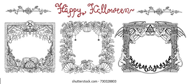 Hand drawn set with halloween frames and lettering on white. Hand drawn illustration with design elements  