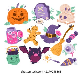 Hand drawn set of Halloween Objects Character Elements,  Vector illustration collections bundle set with bat, eye, coffin, witch hat, skull, spider, ghost, broom, pumpkin and tombstone