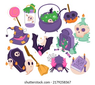 Hand drawn set of Halloween Objects Character Elements,  Vector illustration collections bundle set with bat, eye, coffin, witch hat, skull, spider, ghost, broom, pumpkin and tombstone