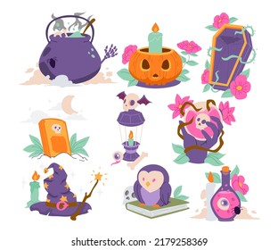 Hand drawn set of Halloween Objects Character Elements,  Vector illustration collections bundle set with bat, eye, coffin, witch hat, skull, spider, ghost, broom, pumpkin and tombstone