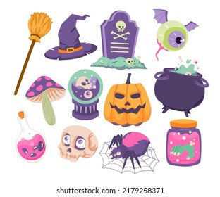 Hand drawn set of Halloween Objects Character Elements,  Vector illustration collections bundle set with bat, eye, coffin, witch hat, skull, spider, ghost, broom, pumpkin and tombstone