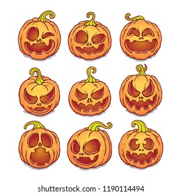 Hand drawn set of halloween pumpkins doodles in color illustration
