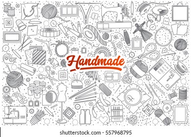 Hand drawn set of handmade doodles with red lettering in vector