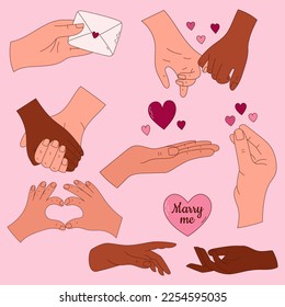 Hand drawn set of hands in the shape of hearts for Valentine day. Design elements for posters, greeting cards, banners and invitations.