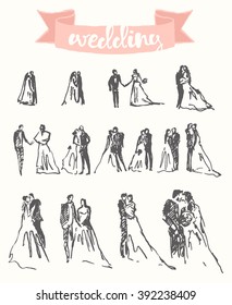 Hand drawn set of happy bride and groom, vector illustration, sketch