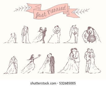 Hand drawn set of happy bride and groom. Perfect decoration for invitation, save the date, menu, table number or thank you card and etc. Vector illustration, sketch