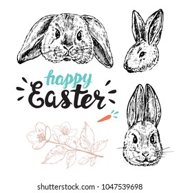 Hand drawn set Happy Easter with Easter bunnies
