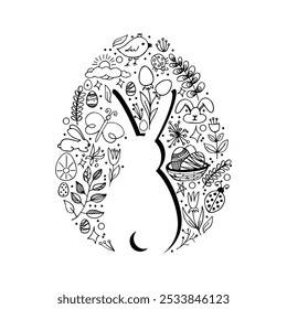 Hand drawn set of Happy easter doodle illustration. Easter bunny, chick, branches, tulips in sketch style. Pattern in eggs silhouette. Vector outline holiday picture on white background.