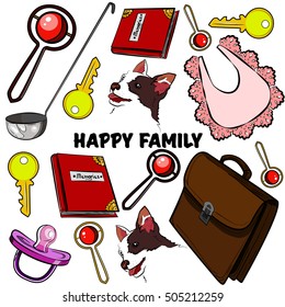 Hand drawn set with happy families. Home, children, happiness, parents, sun love stroller baby