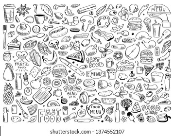 Hand drawn set of healthy food ingredient doodles with lettering in vector
