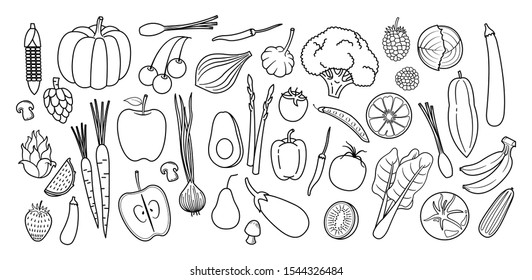 Hand drawn set of healthy food vector set. Organic foods Fresh vegetables and fruits on a white background.