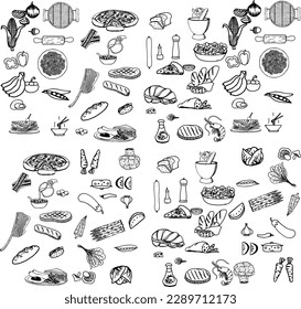 Hand drawn set of healthy food ingredient doodles in vector