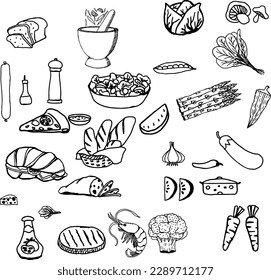 Hand drawn set of healthy food ingredient doodles in vector