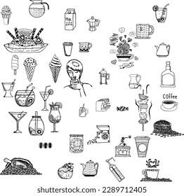 Hand drawn set of healthy food ingredient doodles in vector
