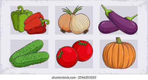 Hand drawn set of healthy organic vegetables pepper, onion, eggplant, tomato, pumpkin, cucumber