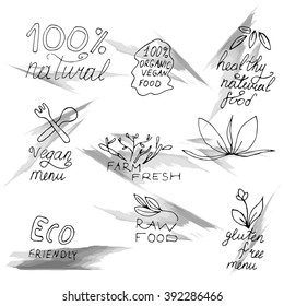 Hand drawn set of healthy organic food labels for vegetarian restaurant, vegan cafe menu.
