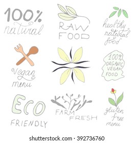 Hand drawn set of healthy organic food labels for vegetarian.