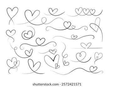 Hand drawn set of heart shape line art. Silhouette for valentine day, love and holiday.
