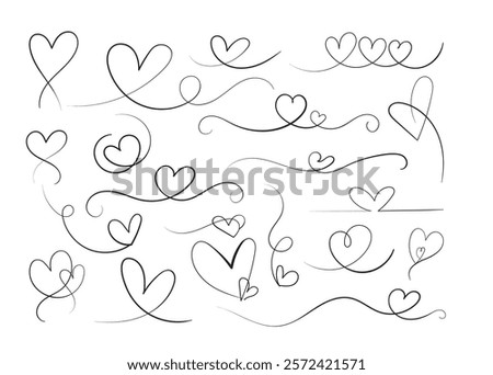 Hand drawn set of heart shape line art. Silhouette for valentine day, love and holiday.
