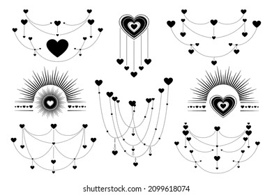Hand drawn set of hearts. Decorative romantic ornaments with сhain of dots and hearts. Valentines day collection. Vector illustration isolated on white background