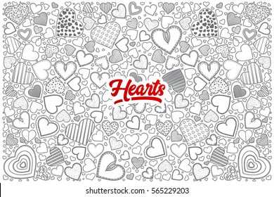 Hand drawn set of hearts doodles with red lettering in vector