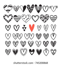 Hand drawn set of hearts. Sketch collection for wedding or Valentine's Day design. Cute doodle elements. Vector illustration