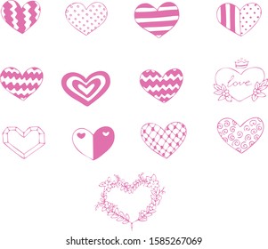 Hand drawn set of hearts. Vector illustration. Pink outlines isolated on white background. Design for seasonal cards, posters and printed materials. Valentines day motif.