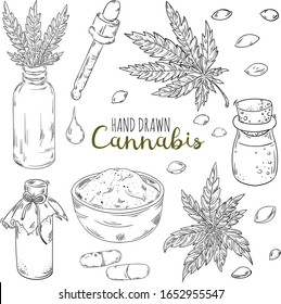 Hand drawn set with hemp leaf, cannabis oil, cone and bunch of seeds, oil bottles, dropper, drops of oil, capsules. Vector set for cosmetic and medical products. Isolated sketch of marijuana.