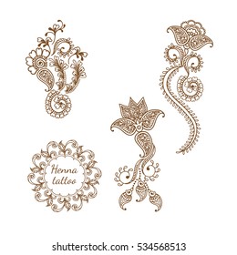 Hand drawn set of henna flower lotus elements,yoga design.Mehendi temporary tattoo, doodles collection, monochrome, meditation aura.Vector illustration.