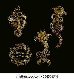 Hand drawn set of henna flower lotus elements,yoga design.Mehendi temporary tattoo, doodles collection, monochrome, meditation aura.Vector illustration.