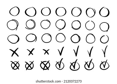Hand drawn set highlight circles and check mark icons. Vector illustration