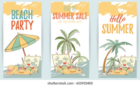 Hand drawn set of holiday banners. Summer vector illustration of umbrella, palm, shell, travel bag, sunglasses, hat can be used as invitation, postcard, menu, flyer banner or website decoration.