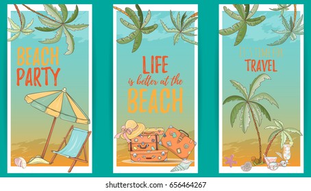 Hand drawn set of holiday banners. Summer vector illustration of umbrella, palm, shell, travel bag, sunglasses, hat can be used as invitation, postcard, menu, flyer banner or website decoration.