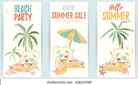 Hand drawn set of holiday banners. Summer vector illustration of umbrella, palm, shell, travel bag, sunglasses, hat can be used as invitation, postcard, menu, flyer banner or website decoration.