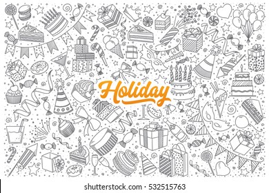 Hand drawn set of holiday doodles with orange lettering in vector